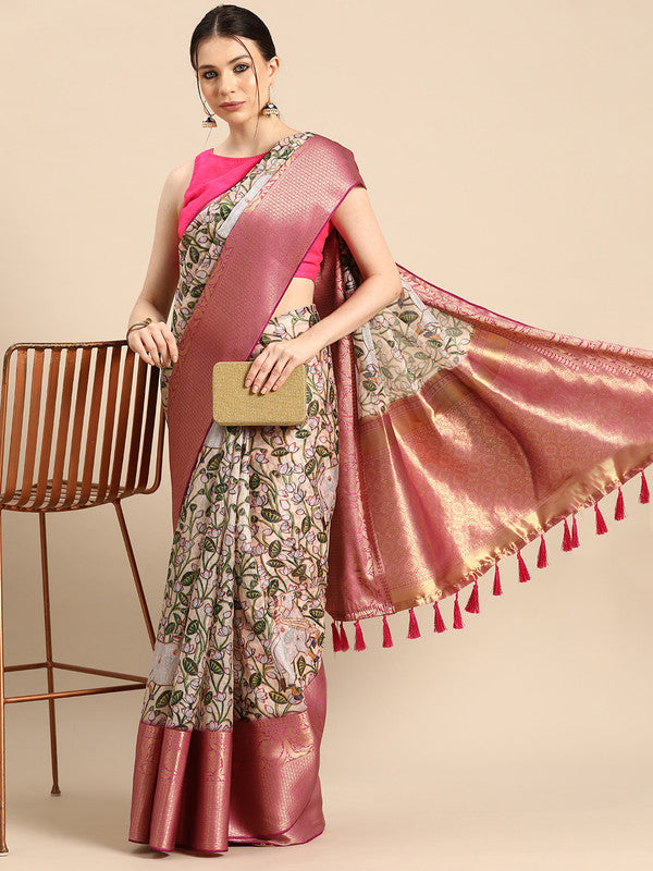 Beige Munga Silk Digital Print Animal Print Saree with Unstitched Blouse - Hiral Fashion - Distacart