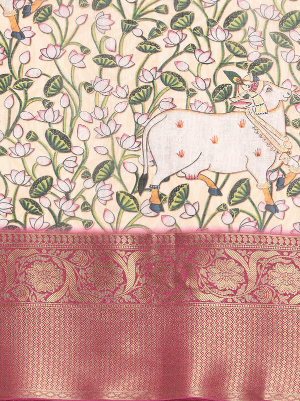 Beige Munga Silk Digital Print Animal Print Saree with Unstitched Blouse - Hiral Fashion - Distacart