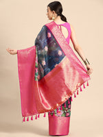 Thumbnail for Navy Blue Munga Silk Digital Print Floral Saree with Unstitched Blouse - Hiral Fashion - Distacart