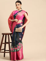 Thumbnail for Navy Blue Munga Silk Digital Print Floral Saree with Unstitched Blouse - Hiral Fashion - Distacart