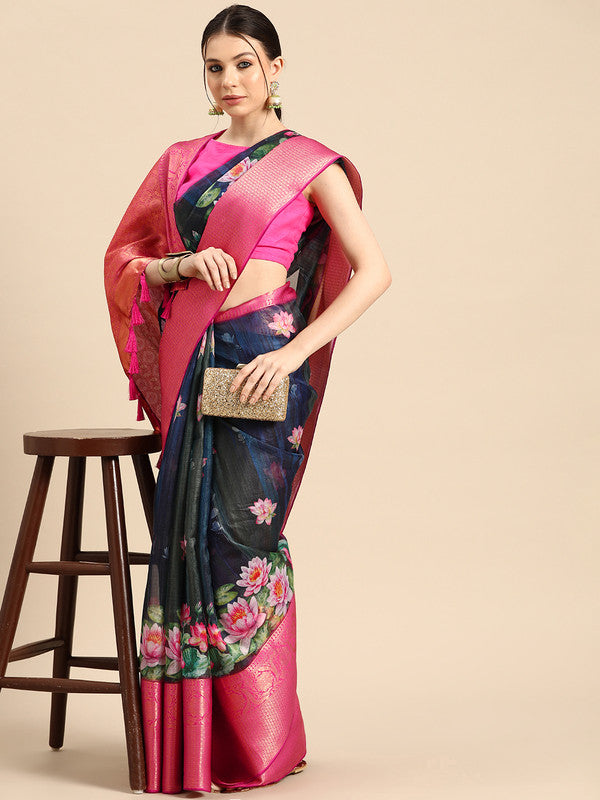 Navy Blue Munga Silk Digital Print Floral Saree with Unstitched Blouse - Hiral Fashion - Distacart