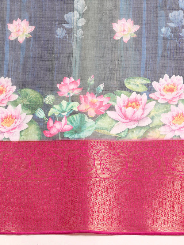 Navy Blue Munga Silk Digital Print Floral Saree with Unstitched Blouse - Hiral Fashion - Distacart