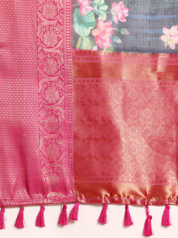 Navy Blue Munga Silk Digital Print Floral Saree with Unstitched Blouse - Hiral Fashion - Distacart