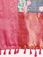 Thumbnail for Navy Blue Munga Silk Digital Print Floral Saree with Unstitched Blouse - Hiral Fashion - Distacart