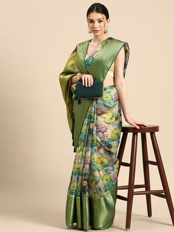 Multicolor Munga Silk Digital Print Floral Saree with Unstitched Blouse - Hiral Fashion - Distacart