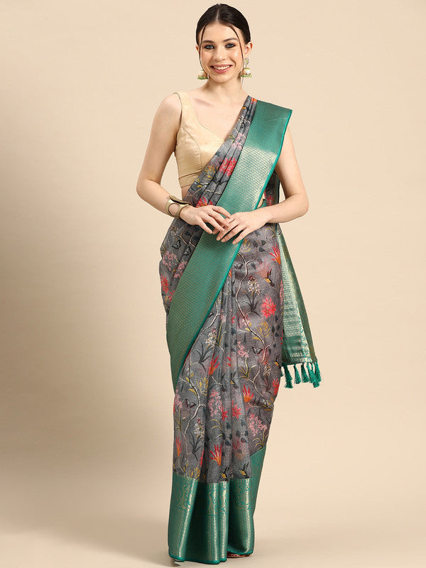 Gray Munga Silk Digital Print Floral Saree with Unstitched Blouse - Hiral Fashion - Distacart