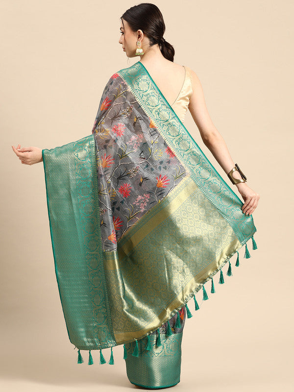 Gray Munga Silk Digital Print Floral Saree with Unstitched Blouse - Hiral Fashion - Distacart