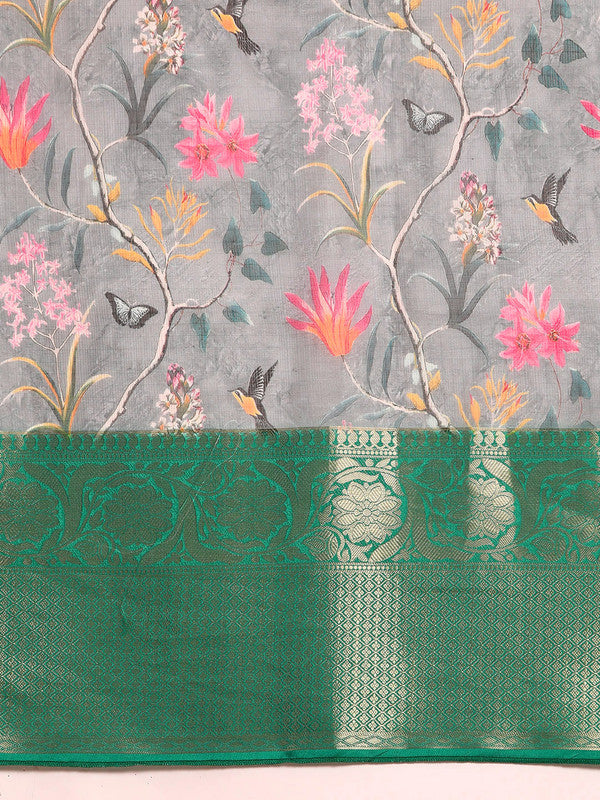 Gray Munga Silk Digital Print Floral Saree with Unstitched Blouse - Hiral Fashion - Distacart