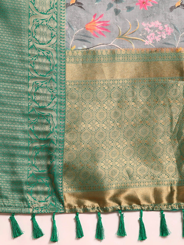 Gray Munga Silk Digital Print Floral Saree with Unstitched Blouse - Hiral Fashion - Distacart