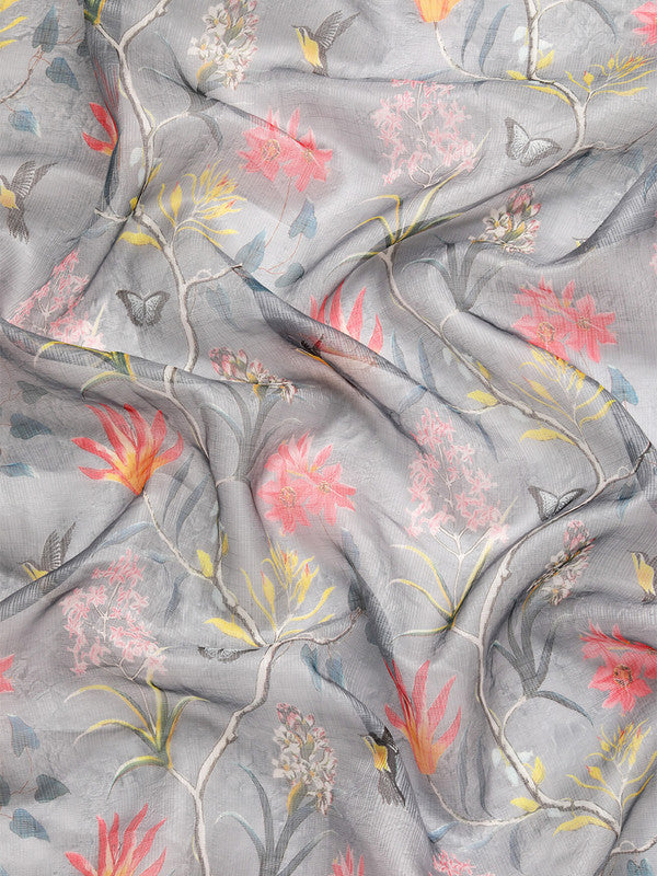 Gray Munga Silk Digital Print Floral Saree with Unstitched Blouse - Hiral Fashion - Distacart