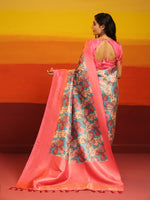 Thumbnail for Pink Silk Blend Woven Zari Design Floral Saree with Unstitched Blouse - Hiral Fashion - Distacart