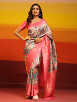 Thumbnail for Pink Silk Blend Woven Zari Design Floral Saree with Unstitched Blouse - Hiral Fashion - Distacart