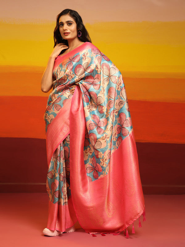 Pink Silk Blend Woven Zari Design Floral Saree with Unstitched Blouse - Hiral Fashion - Distacart