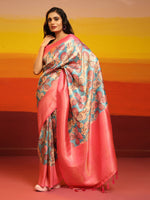 Thumbnail for Pink Silk Blend Woven Zari Design Floral Saree with Unstitched Blouse - Hiral Fashion - Distacart