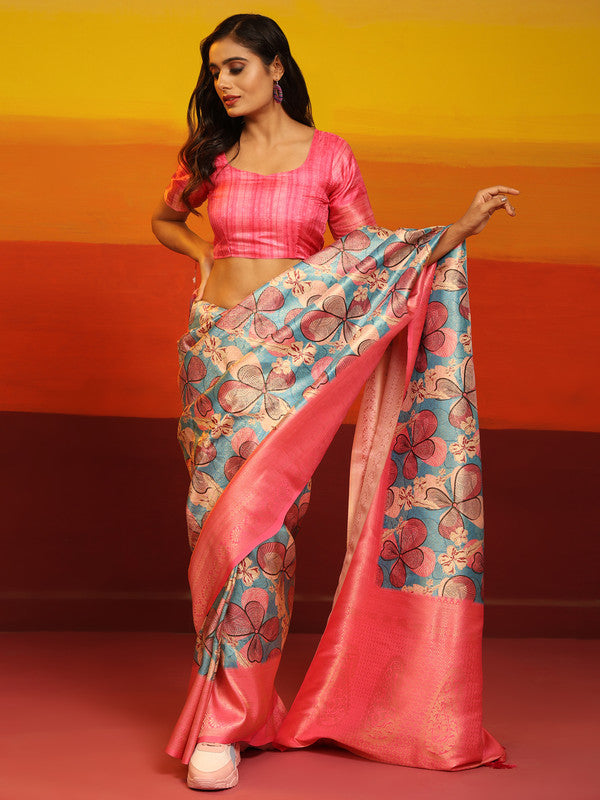 Pink Silk Blend Woven Zari Design Floral Saree with Unstitched Blouse - Hiral Fashion - Distacart