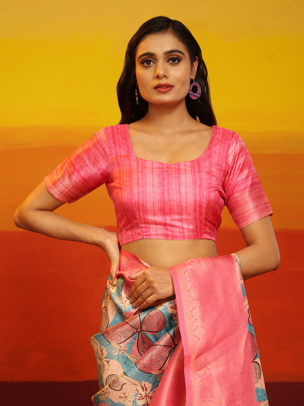 Pink Silk Blend Woven Zari Design Floral Saree with Unstitched Blouse - Hiral Fashion - Distacart