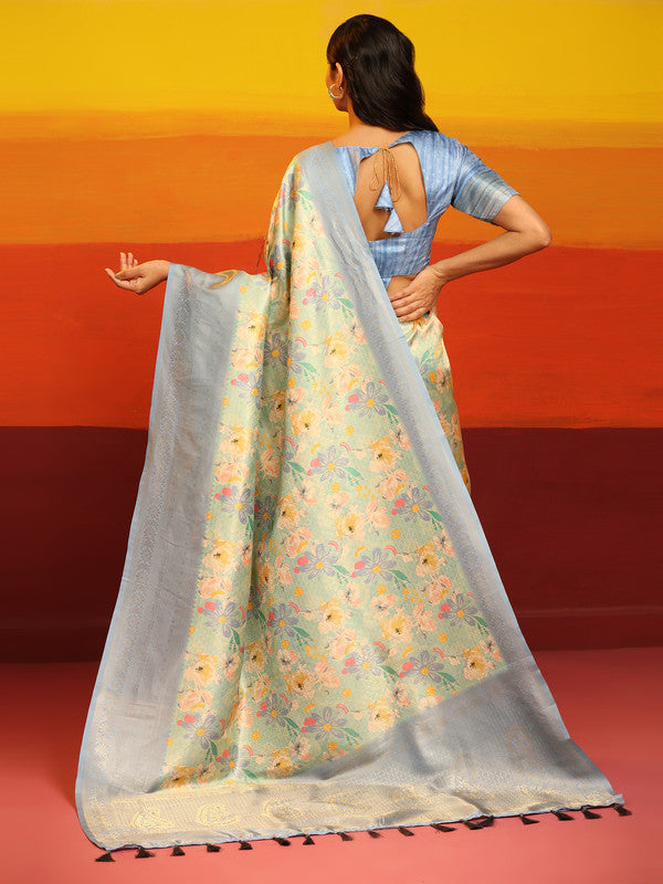 Gray Silk Blend Woven Zari Design Floral Saree with Unstitched Blouse - Hiral Fashion - Distacart