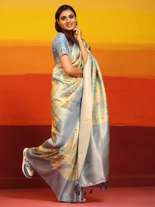 Gray Silk Blend Woven Zari Design Floral Saree with Unstitched Blouse - Hiral Fashion - Distacart