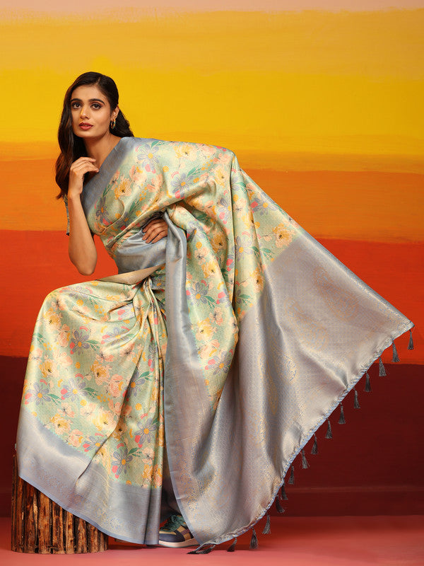 Gray Silk Blend Woven Zari Design Floral Saree with Unstitched Blouse - Hiral Fashion - Distacart