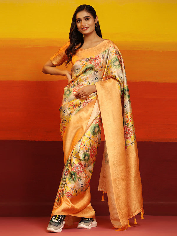 Multicolor Silk Blend Woven Zari Design Floral Saree with Unstitched Blouse - Hiral Fashion - Distacart