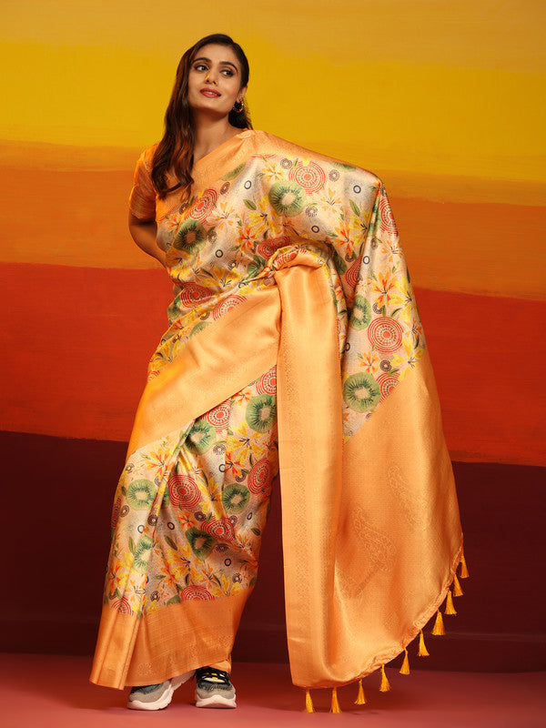 Multicolor Silk Blend Woven Zari Design Floral Saree with Unstitched Blouse - Hiral Fashion - Distacart