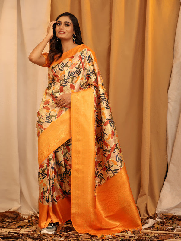 Orange Silk Blend Woven Zari Design Floral Saree with Unstitched Blouse - Hiral Fashion - Distacart