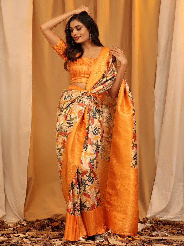 Orange Silk Blend Woven Zari Design Floral Saree with Unstitched Blouse - Hiral Fashion - Distacart