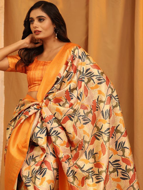 Orange Silk Blend Woven Zari Design Floral Saree with Unstitched Blouse - Hiral Fashion - Distacart