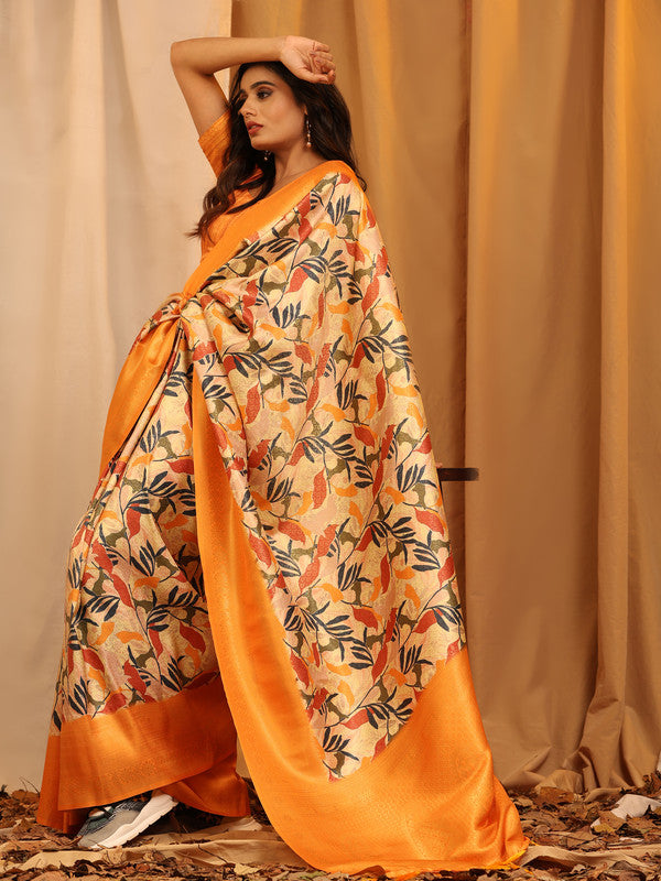 Orange Silk Blend Woven Zari Design Floral Saree with Unstitched Blouse - Hiral Fashion - Distacart
