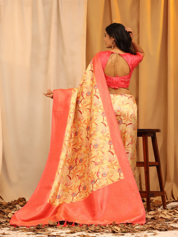 Red Silk Blend Woven Zari Design Floral Saree with Unstitched Blouse - Hiral Fashion - Distacart