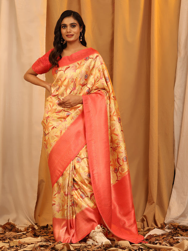 Red Silk Blend Woven Zari Design Floral Saree with Unstitched Blouse - Hiral Fashion - Distacart