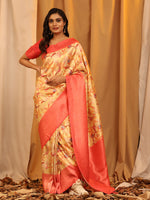 Thumbnail for Red Silk Blend Woven Zari Design Floral Saree with Unstitched Blouse - Hiral Fashion - Distacart
