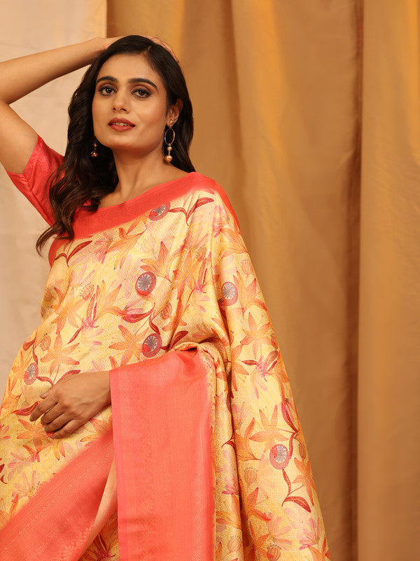 Red Silk Blend Woven Zari Design Floral Saree with Unstitched Blouse - Hiral Fashion - Distacart