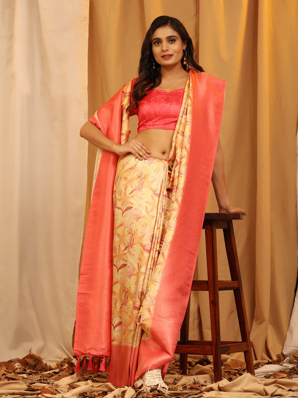 Red Silk Blend Woven Zari Design Floral Saree with Unstitched Blouse - Hiral Fashion - Distacart