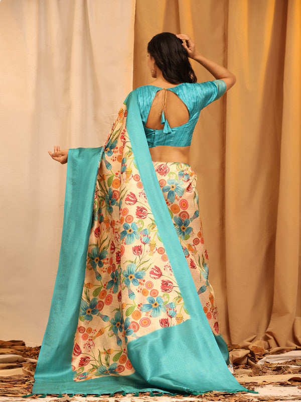 Turquoise Silk Blend Woven Zari Design Floral Saree with Unstitched Blouse - Hiral Fashion - Distacart
