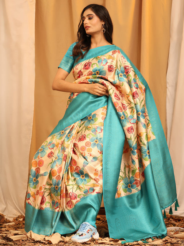 Turquoise Silk Blend Woven Zari Design Floral Saree with Unstitched Blouse - Hiral Fashion - Distacart