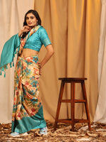 Thumbnail for Turquoise Silk Blend Woven Zari Design Floral Saree with Unstitched Blouse - Hiral Fashion - Distacart