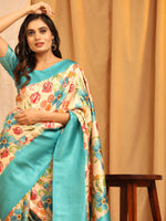 Thumbnail for Turquoise Silk Blend Woven Zari Design Floral Saree with Unstitched Blouse - Hiral Fashion - Distacart