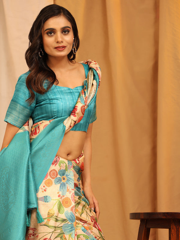 Turquoise Silk Blend Woven Zari Design Floral Saree with Unstitched Blouse - Hiral Fashion - Distacart