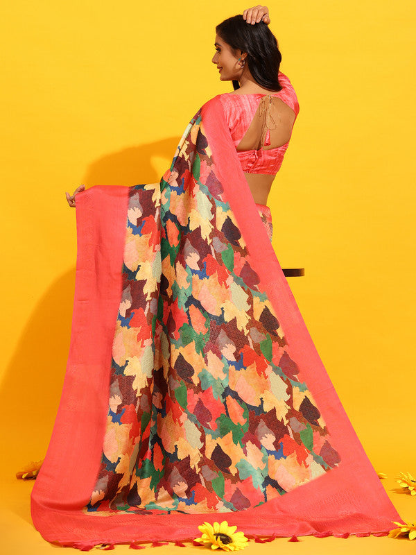 Pink Silk Blend Woven Zari Design Floral Saree with Unstitched Blouse - Hiral Fashion - Distacart