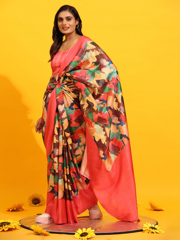 Pink Silk Blend Woven Zari Design Floral Saree with Unstitched Blouse - Hiral Fashion - Distacart