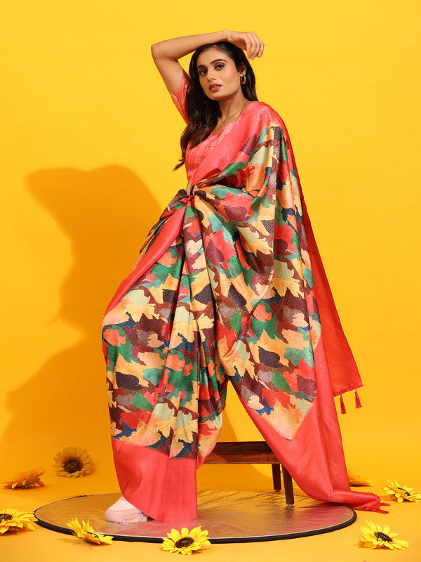 Pink Silk Blend Woven Zari Design Floral Saree with Unstitched Blouse - Hiral Fashion - Distacart