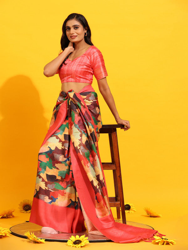 Pink Silk Blend Woven Zari Design Floral Saree with Unstitched Blouse - Hiral Fashion - Distacart