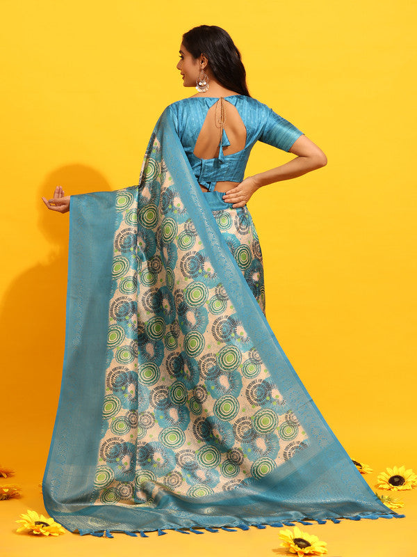 Turquoise Silk Blend Woven Zari Design Floral Saree with Unstitched Blouse - Hiral Fashion - Distacart