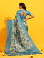 Thumbnail for Turquoise Silk Blend Woven Zari Design Floral Saree with Unstitched Blouse - Hiral Fashion - Distacart
