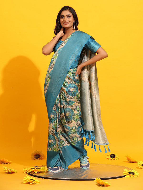 Turquoise Silk Blend Woven Zari Design Floral Saree with Unstitched Blouse - Hiral Fashion - Distacart