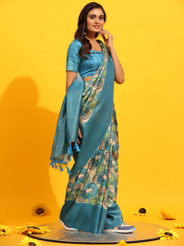 Turquoise Silk Blend Woven Zari Design Floral Saree with Unstitched Blouse - Hiral Fashion - Distacart