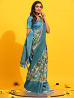 Thumbnail for Turquoise Silk Blend Woven Zari Design Floral Saree with Unstitched Blouse - Hiral Fashion - Distacart