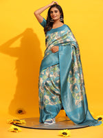 Thumbnail for Turquoise Silk Blend Woven Zari Design Floral Saree with Unstitched Blouse - Hiral Fashion - Distacart