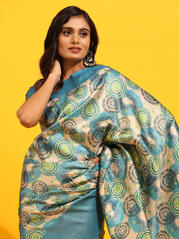 Turquoise Silk Blend Woven Zari Design Floral Saree with Unstitched Blouse - Hiral Fashion - Distacart